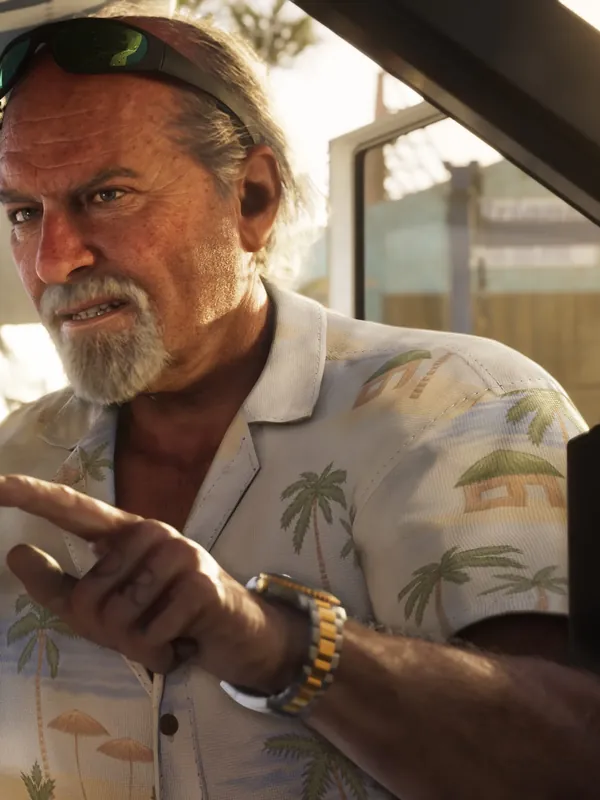 GTA 6 Brian Heder in a Hawaiian shirt pointing inside a plane, official Rockstar Games artwork