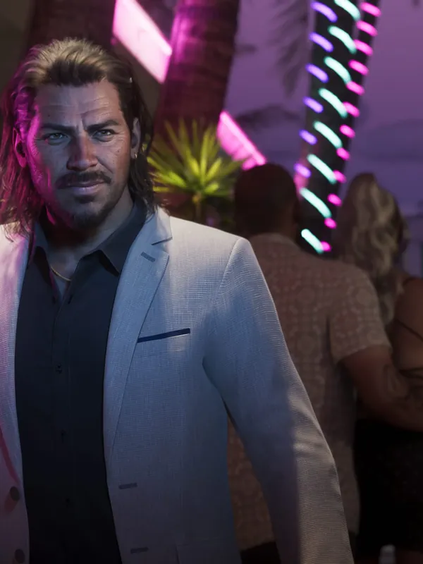 GTA 6 Raul Bautista in a white jacket on a neon-lit street, official Rockstar Games artwork