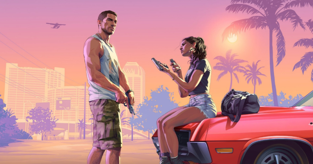 GTA 6 launch trailer, Jason and Lucia in Vice City