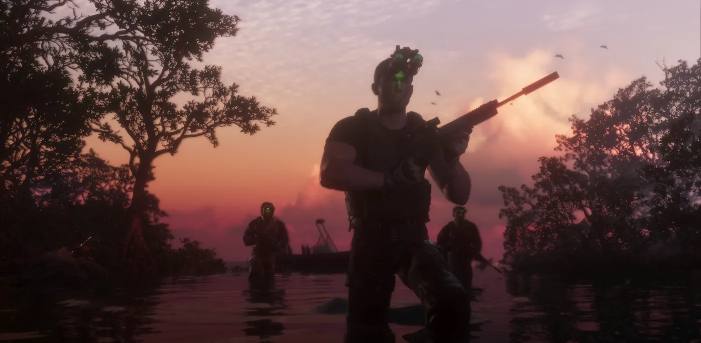 Jason and two men in night-vision goggles wading through a swamp in the GTA 6 launch trailer