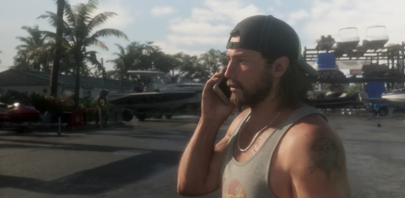 Jason taking Lucia's call from prison at Brian's Marina in the GTA 6 launch trailer