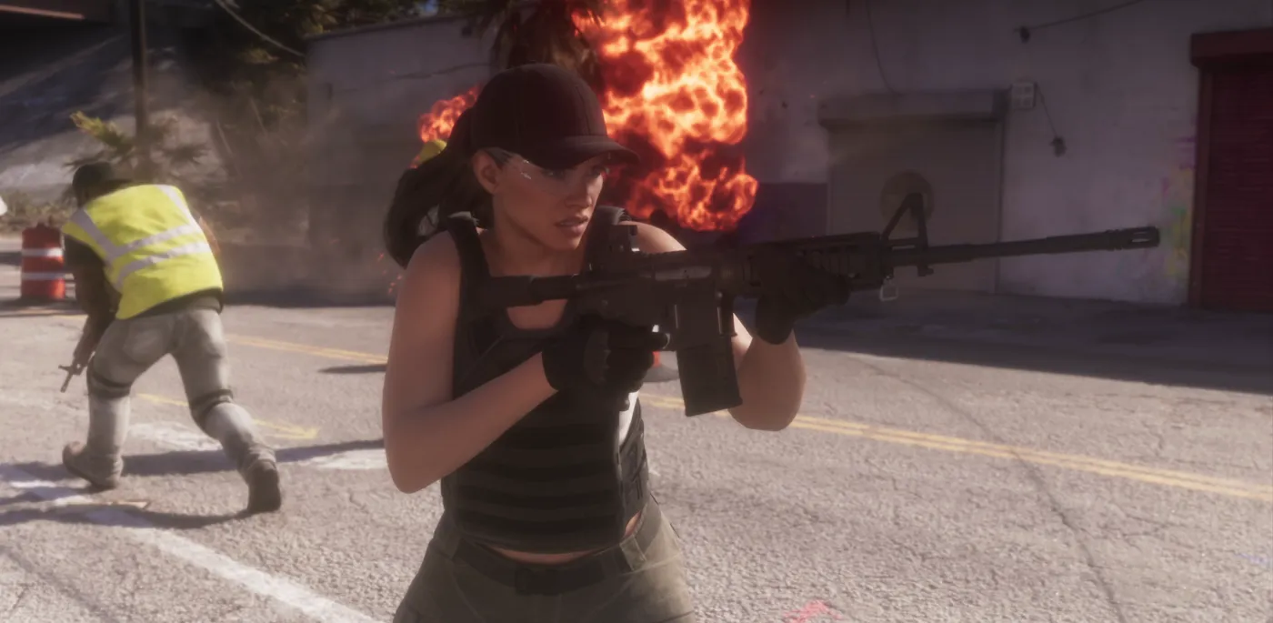 Lucia in tactical gear with a worker in a high-vis vest running behind her in the GTA 6 launch trailer