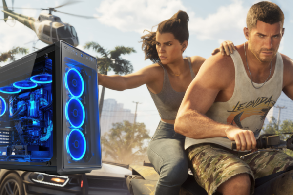 GTA 6 key art with the answer "Not at launch" on whether GTA 6 is coming to PC
