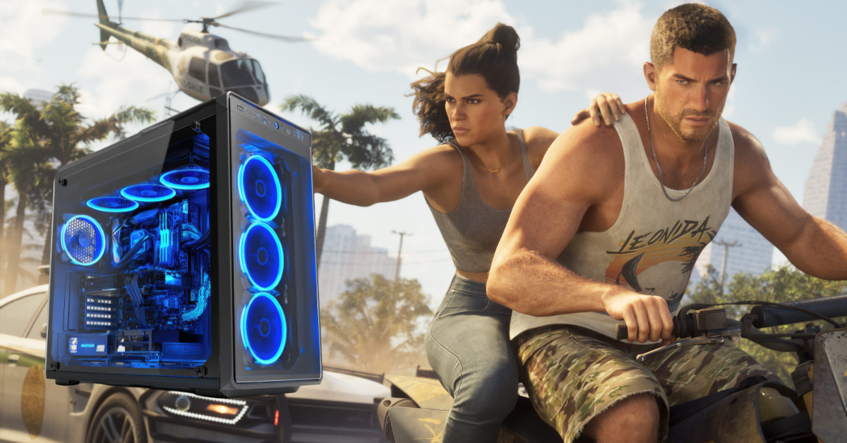 GTA 6 key art with the answer "Not at launch" on whether GTA 6 is coming to PC